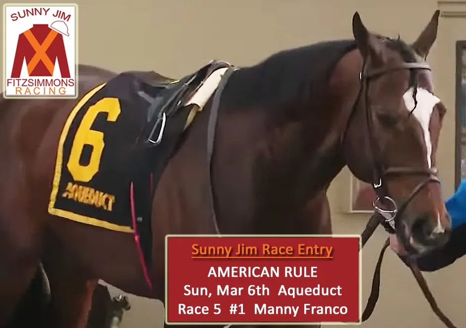 American Rule makes his Sunny Jim Fitzsimmons Racing debut today in the 5th race at Aqueduct with jockey Manny Franco aboard. Good luck to everyone and a safe trip for all! @nodaracing